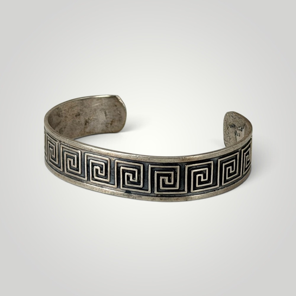 Vintage Mexico 925 Sterling Silver Greek Key Meander Cuff Bracelet Taxco Style